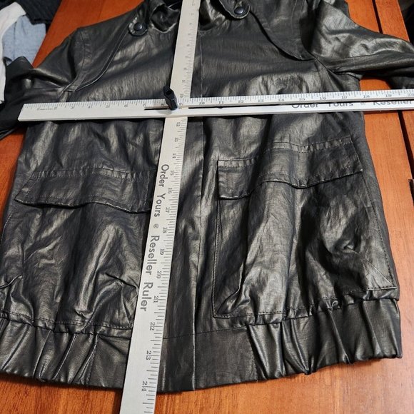 French Connection Bomber Jacket Womens Olive Green Metallic Coated Linen Y2K - Picture 11 of 13